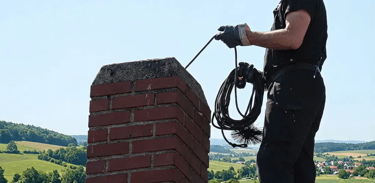 Chimney sweep inspecting and cleaning a rooftop chimney in Marietta, GA