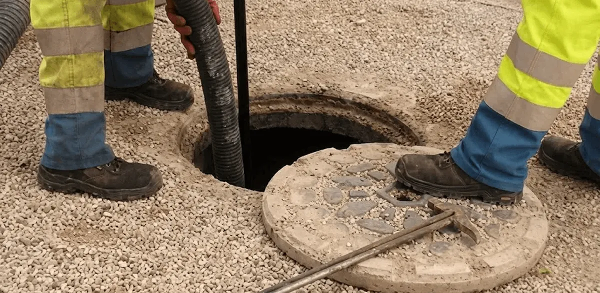 Drain cleaning crew clearing a sewer access point with professional equipment in Marietta, GA